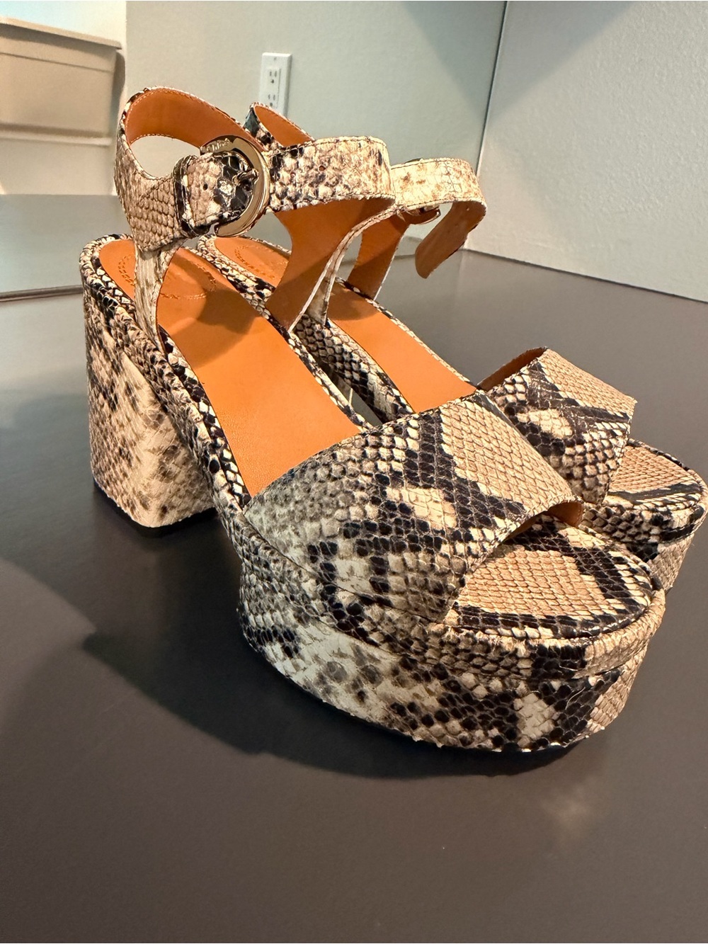 Chloe Snakeskin-Print Platform Block Sandals in Beige and Black